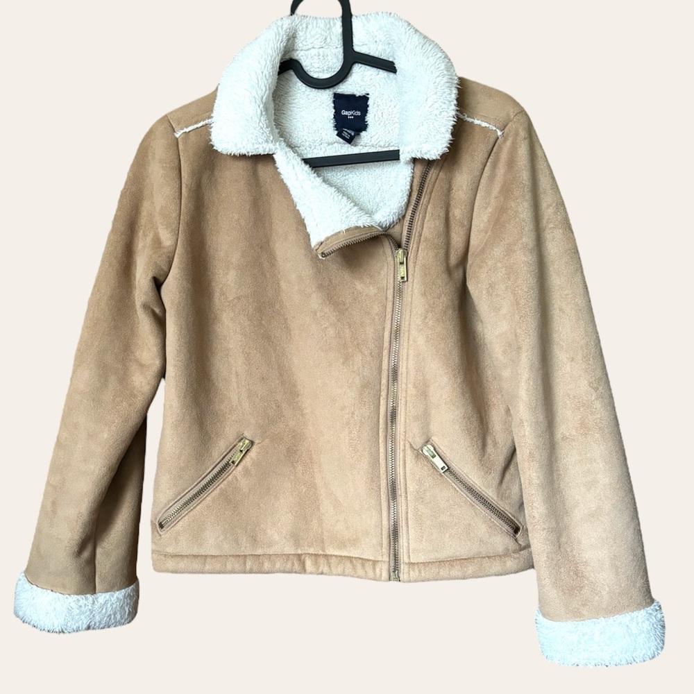 Gap kids Sherpa trim, tan Faux Suede jacket size US XL: 12-13 years